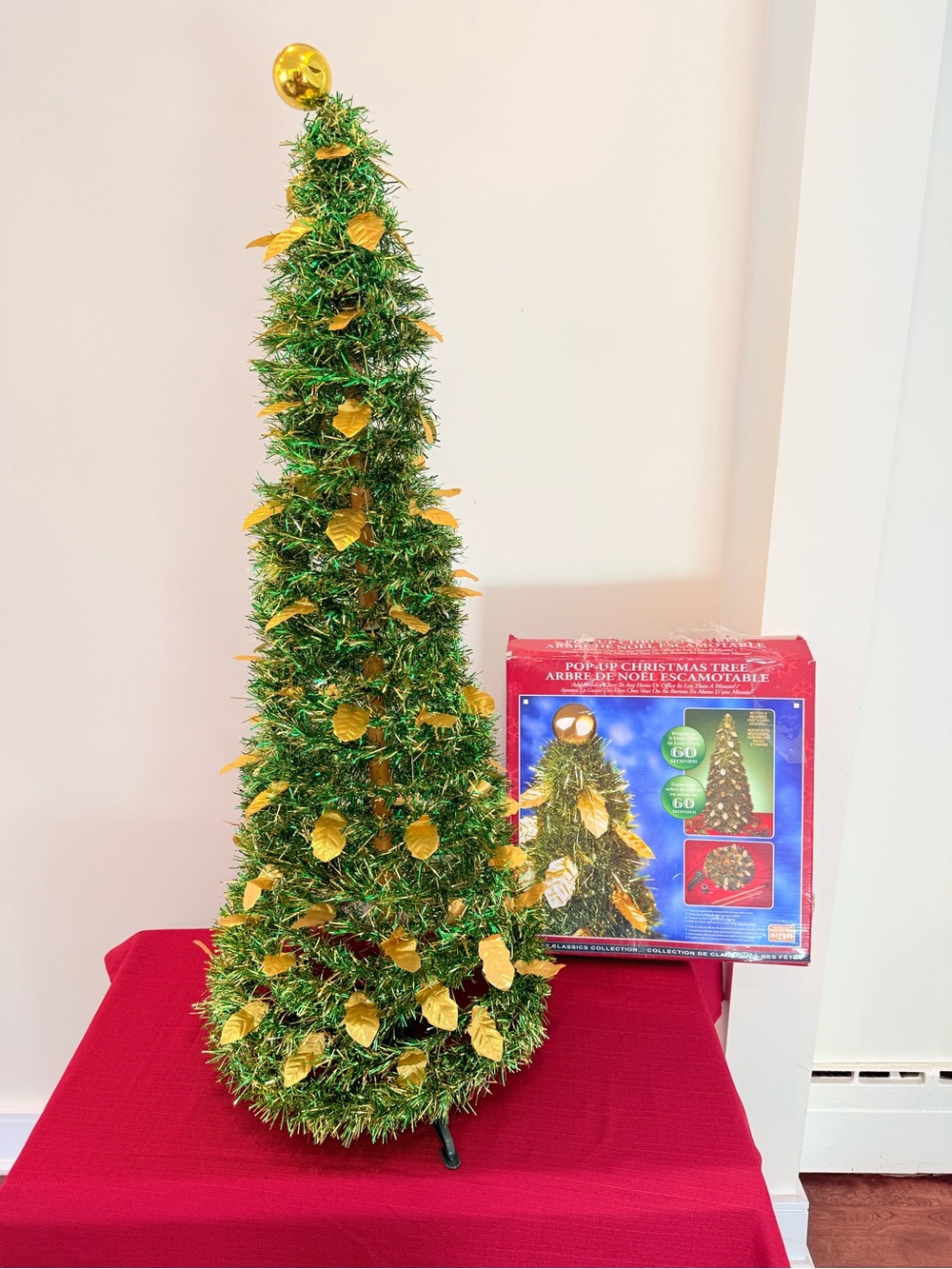 Festive Green & Gold Tinsel Cone pop up Christmas Tree -